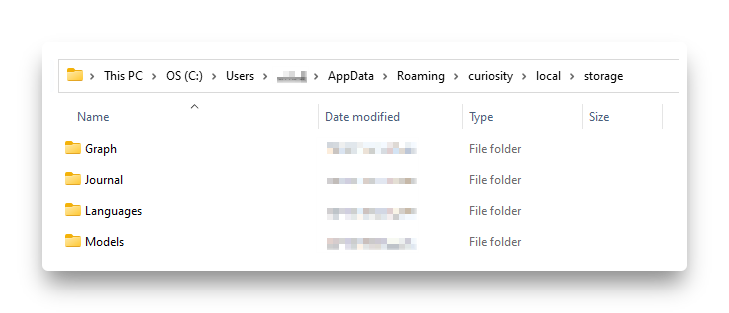 Curiosity data folder on Windows