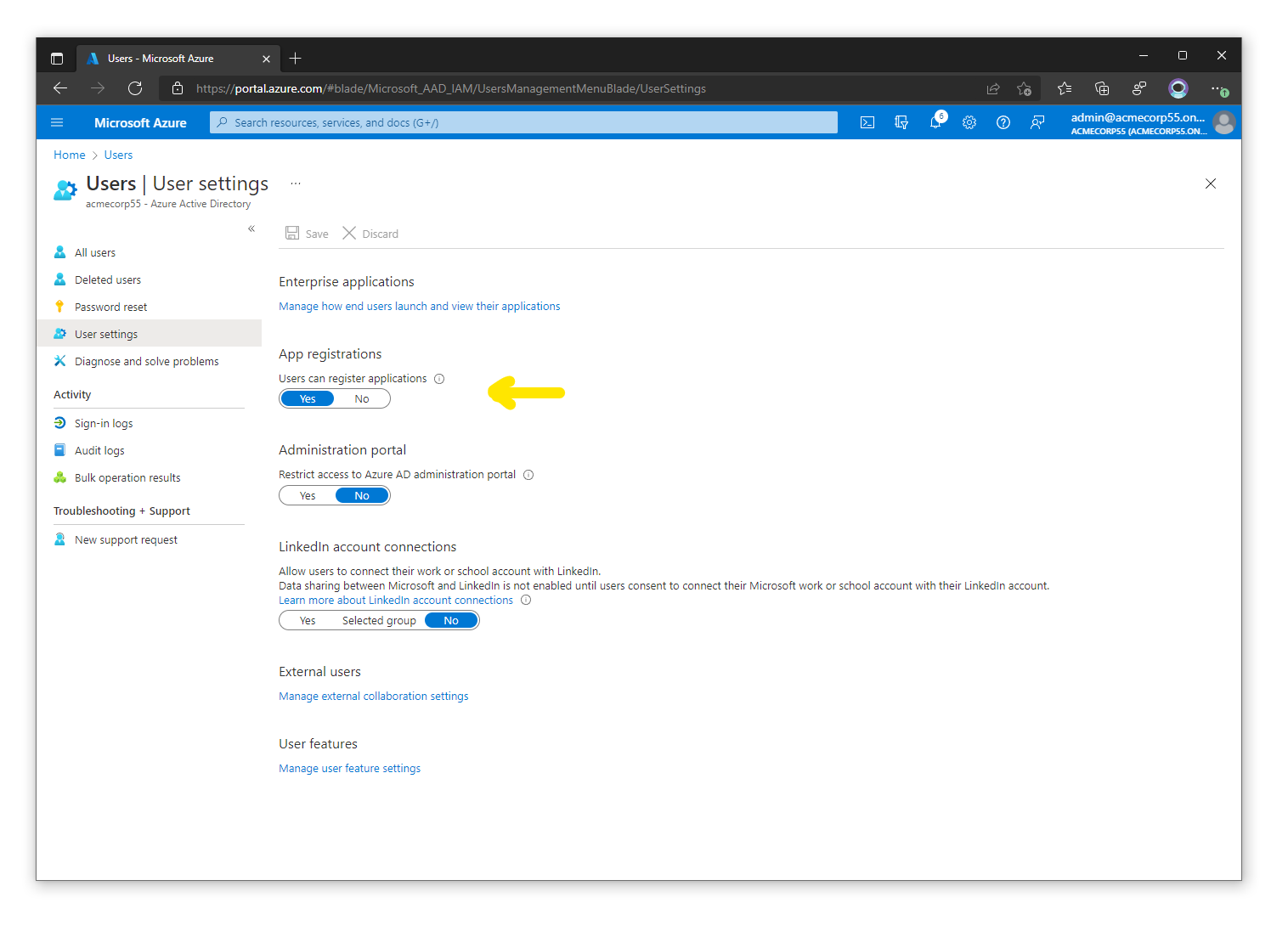 User Settings page