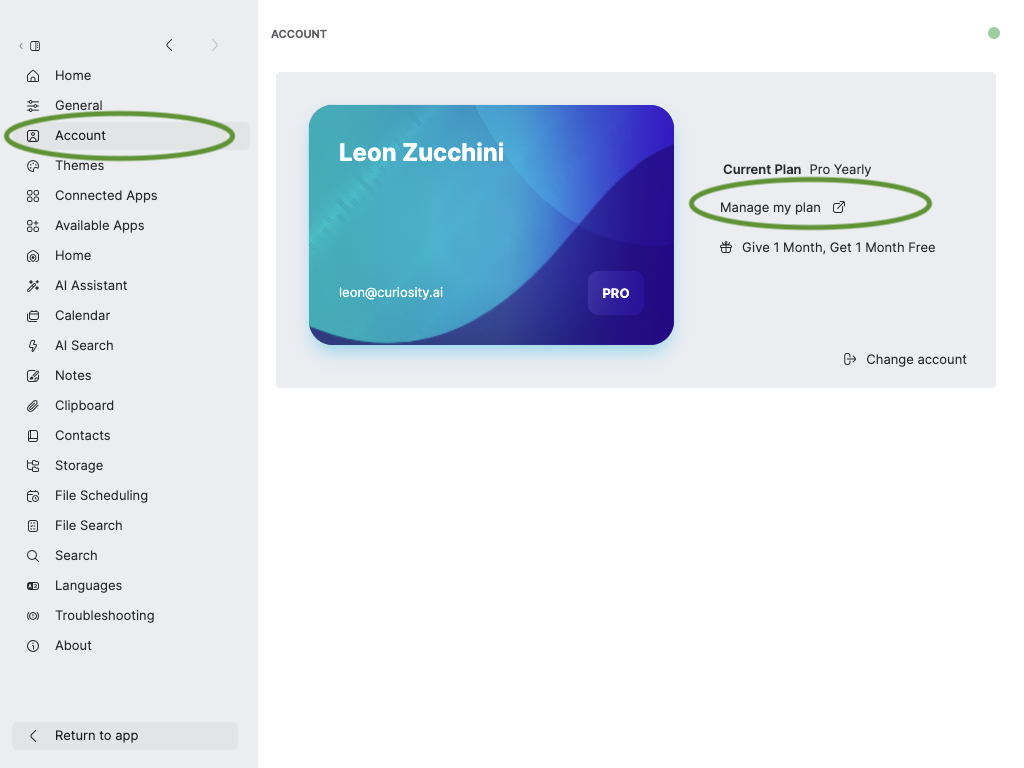 Account Management Page in Curiosity App