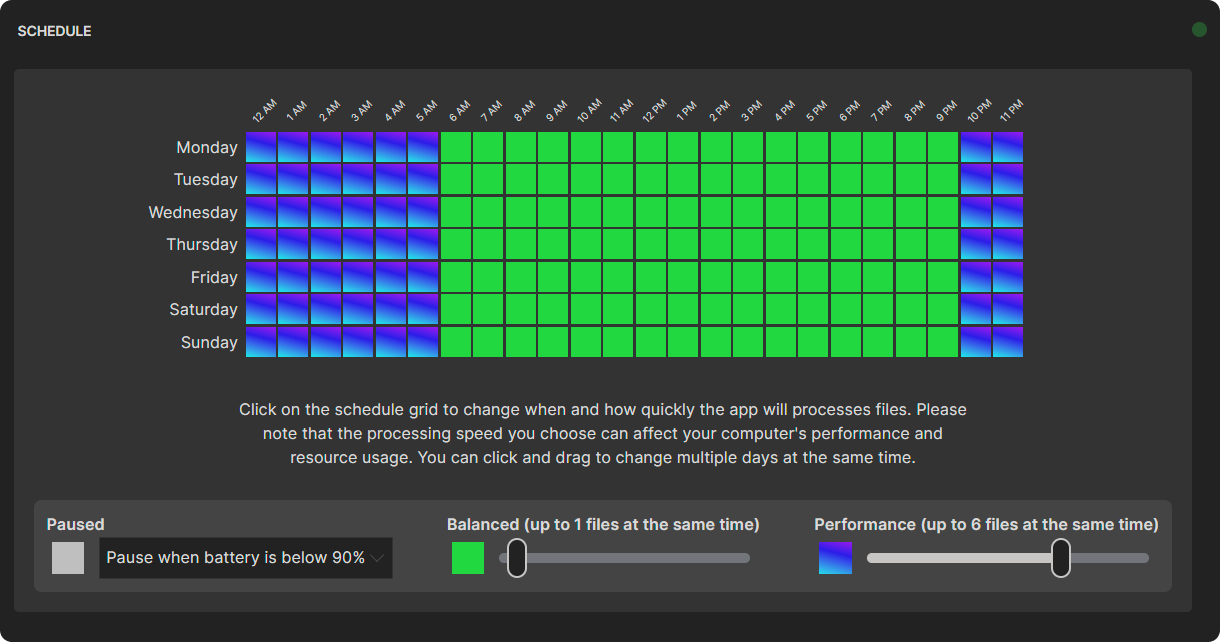 The app indexes new files as they are created, prioritizing fast indexing at night