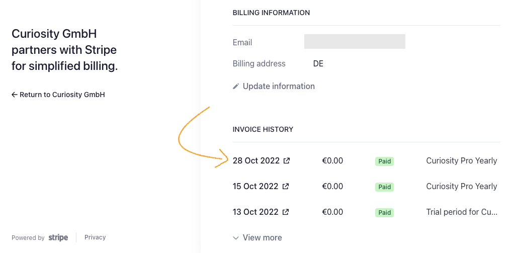 Invoices section in Stripe