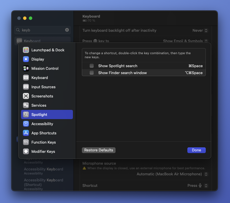 Disable shortcut for Spotlight