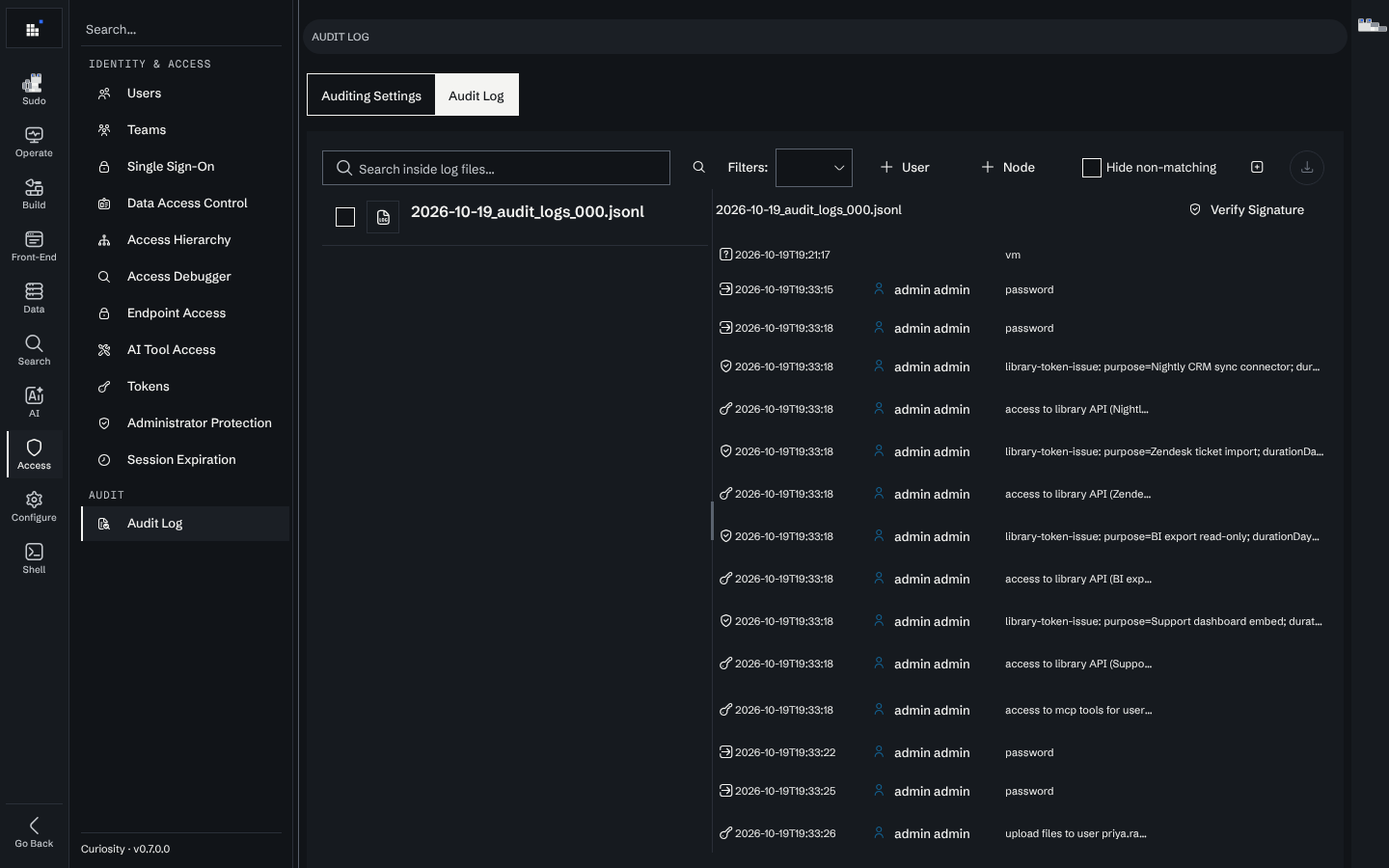The Audit Log tab: the log file list on the left and the selected file's entries on the right, with search, user and node filters above.