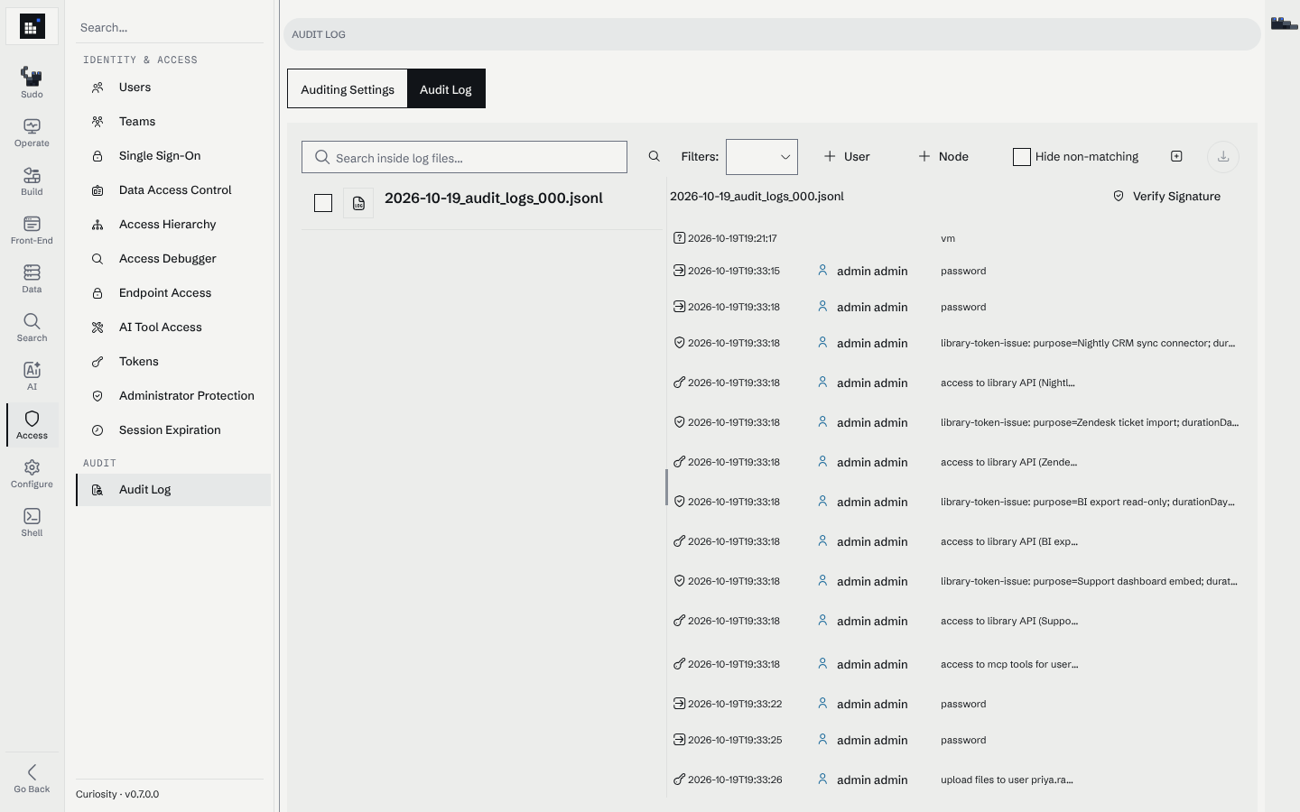 The Audit Log tab: the log file list on the left and the selected file's entries on the right, with search, user and node filters above.