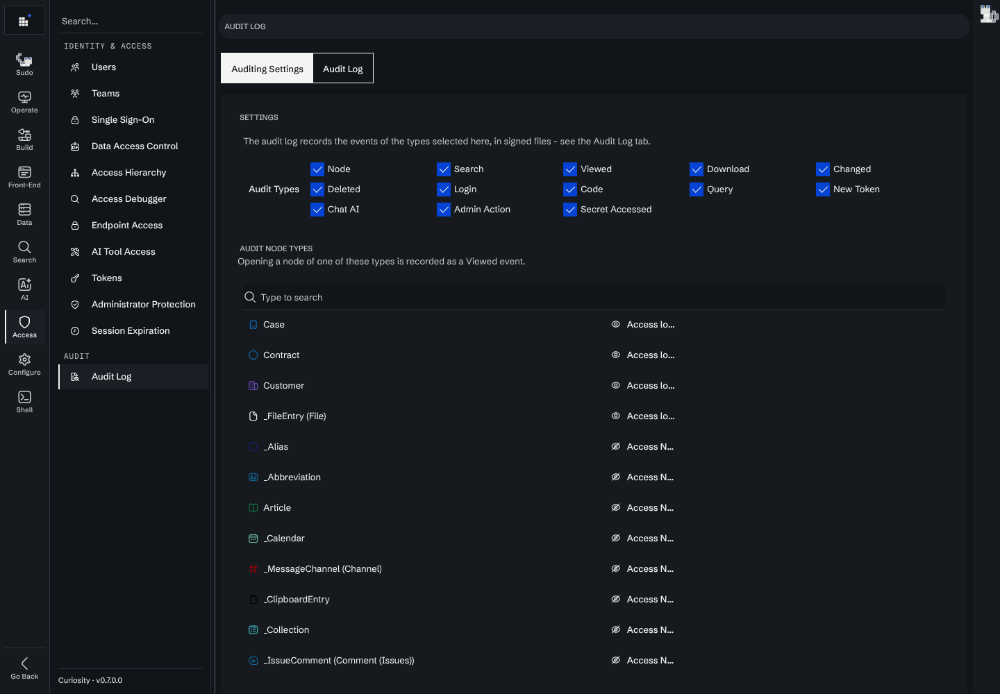 The Auditing Settings tab with the audit types checked and the audit node types listed below: Case, Contract, Customer and _FileEntry are logged, the others are not.