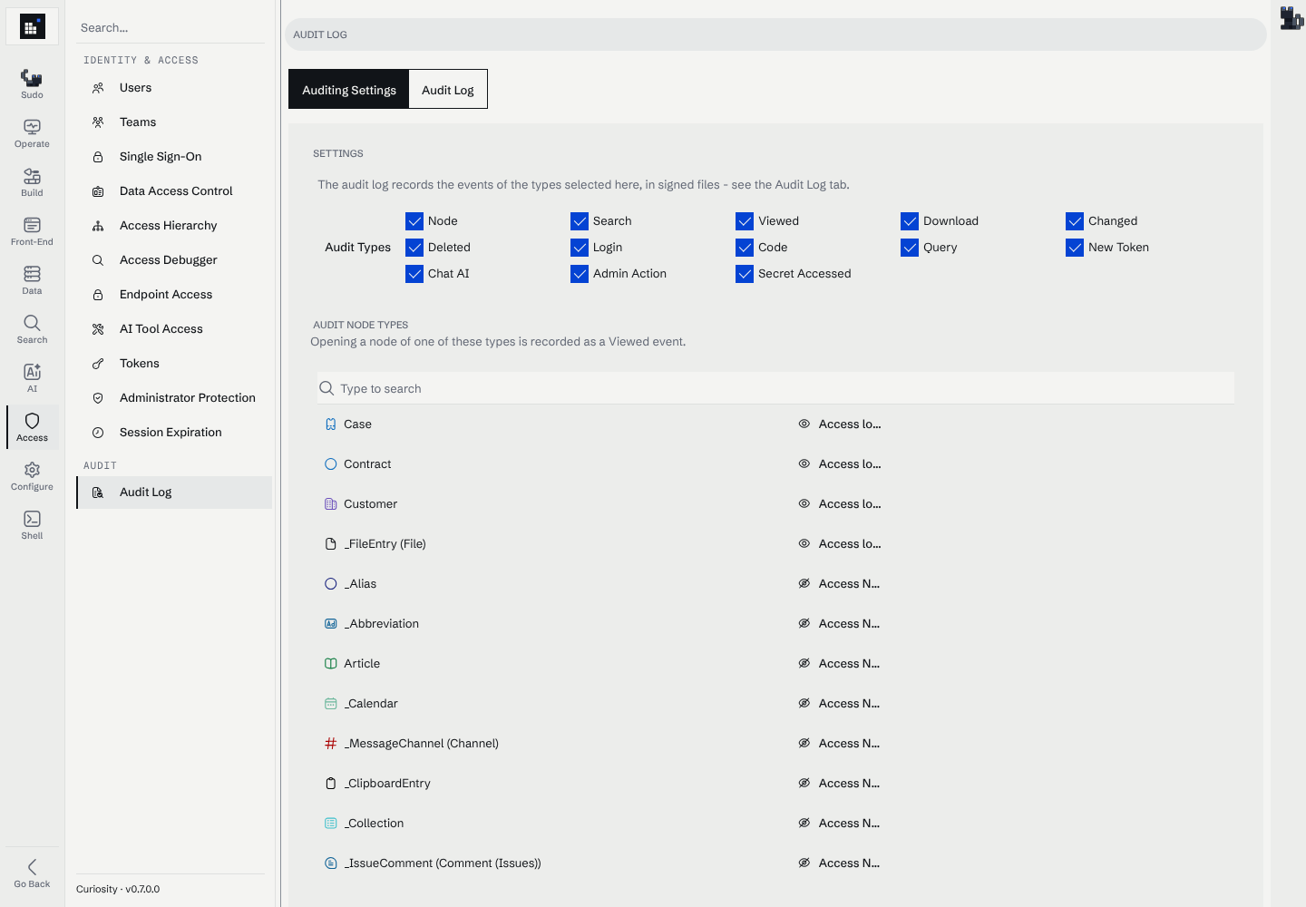 The Auditing Settings tab with the audit types checked and the audit node types listed below: Case, Contract, Customer and _FileEntry are logged, the others are not.
