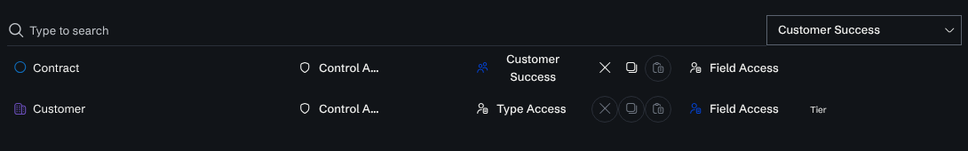 The Data Access Control page filtered to the Customer Success team: the Contract node type is restricted to the team, and the Customer node type has a restricted Tier field.