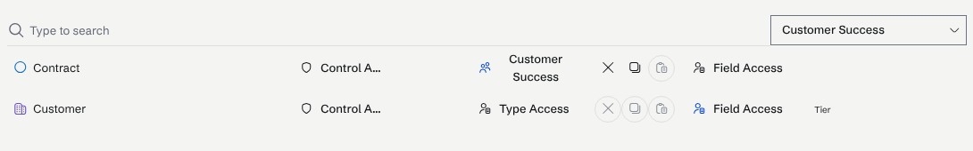 The Data Access Control page filtered to the Customer Success team: the Contract node type is restricted to the team, and the Customer node type has a restricted Tier field.