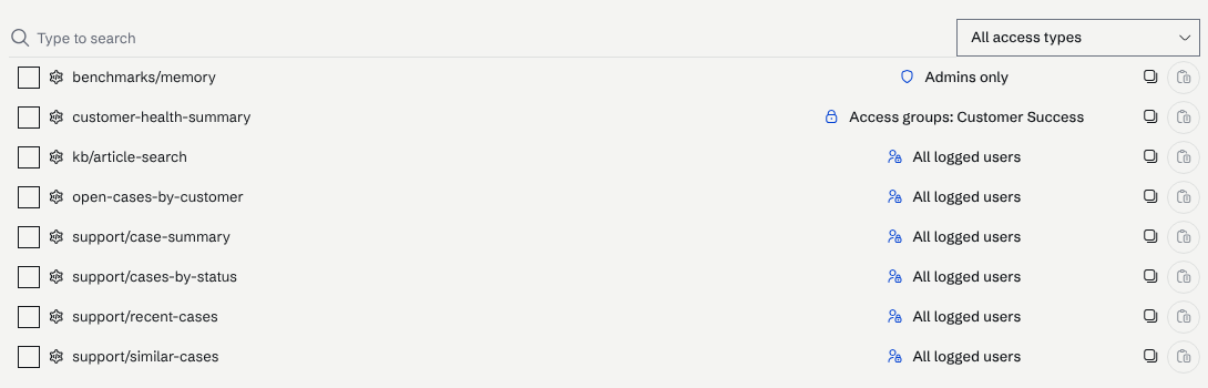 The Endpoint Access page listing custom endpoints with their access modes: Admins only, All logged users, and customer-health-summary restricted to the Customer Success access group.