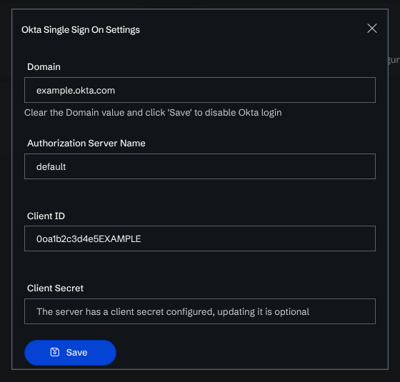 The Okta Single Sign On Settings dialog with Domain, Authorization Server Name, Client ID and Client Secret fields filled in.