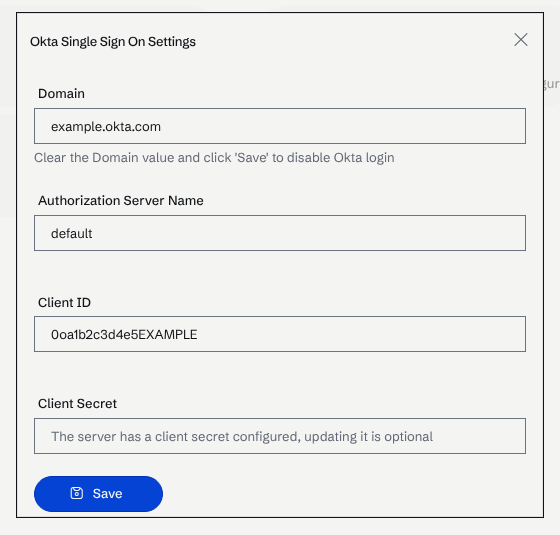 The Okta Single Sign On Settings dialog with Domain, Authorization Server Name, Client ID and Client Secret fields filled in.