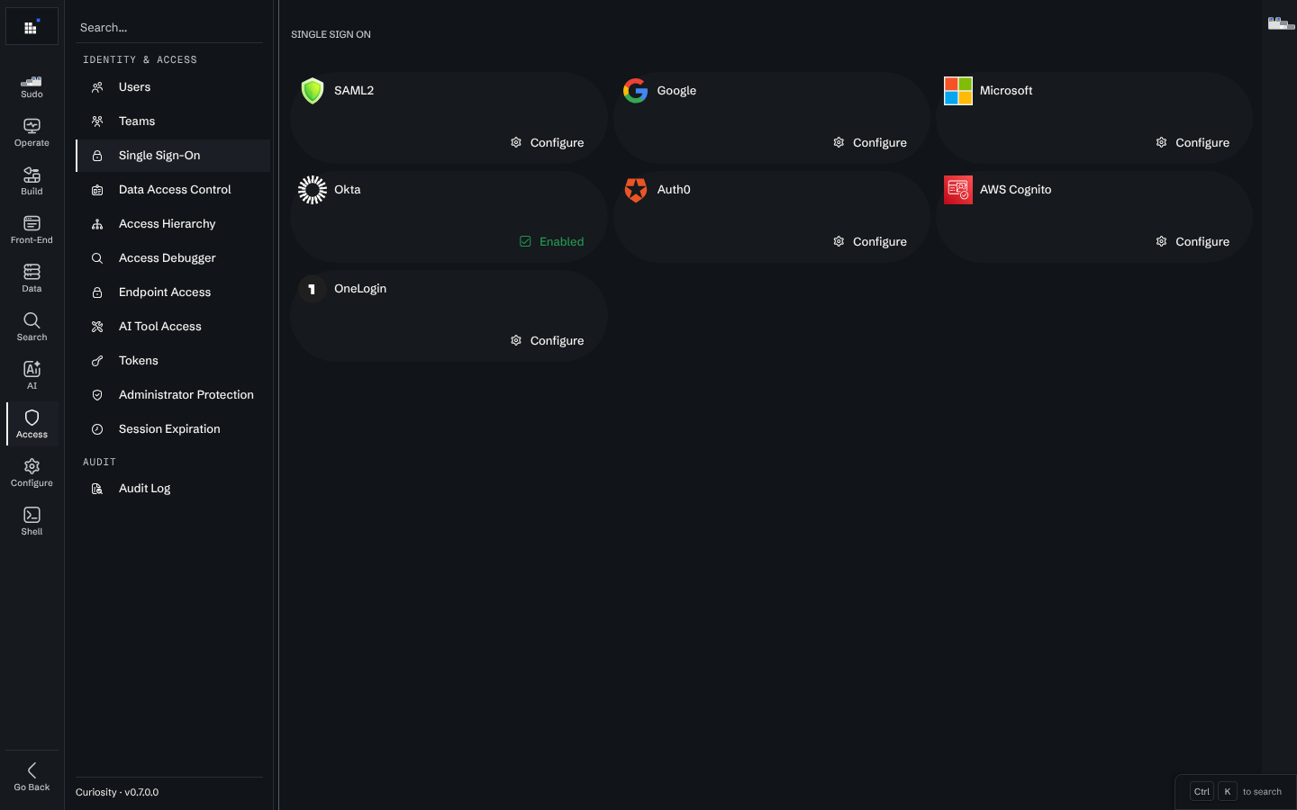 The Single Sign-On page with one card per provider: SAML2, Google, Microsoft, Okta (Enabled), Auth0, AWS Cognito and OneLogin.