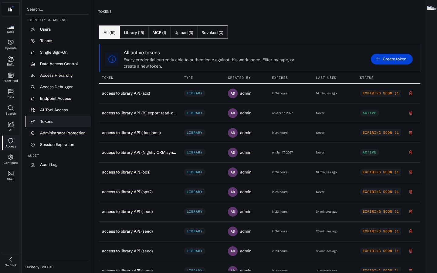 The Tokens page listing active tokens with their purpose, type, creator, expiry, last use and status.
