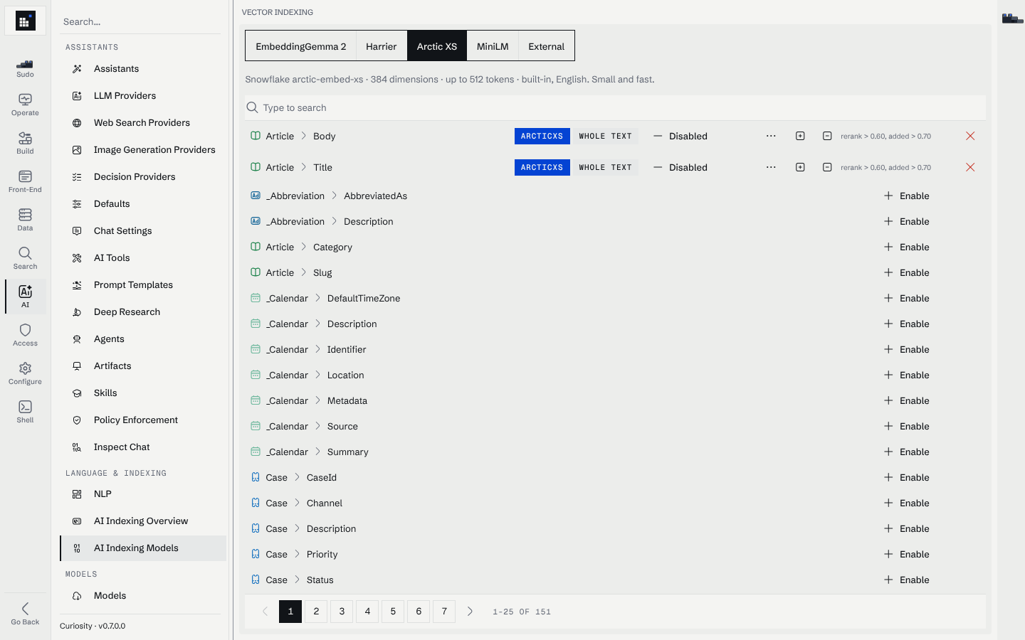 The AI Indexing Models page on the Arctic XS tab, with Article Body and Article Title indexed as whole text and the remaining fields offering an Enable button