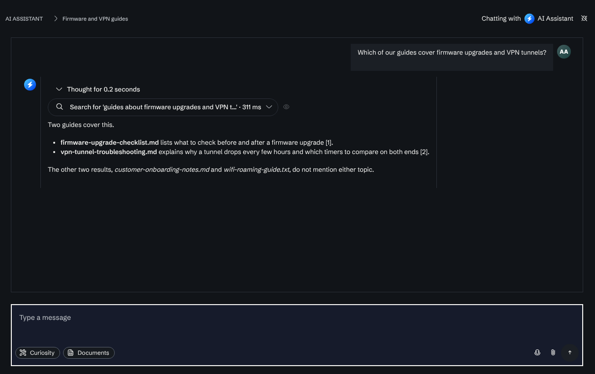 The AI Assistant answering which guides cover firmware upgrades and VPN tunnels, with the search it ran listed above a short answer that cites two files