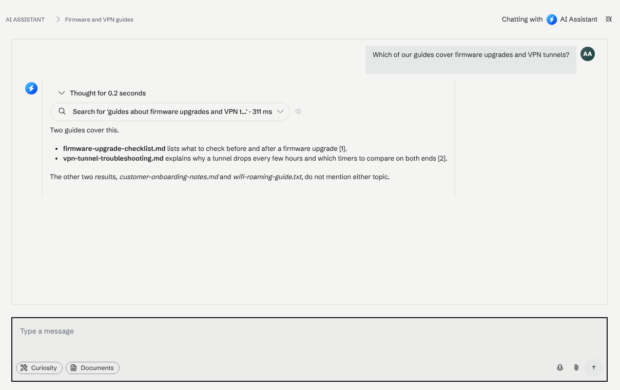 The AI Assistant answering which guides cover firmware upgrades and VPN tunnels, with the search it ran listed above a short answer that cites two files
