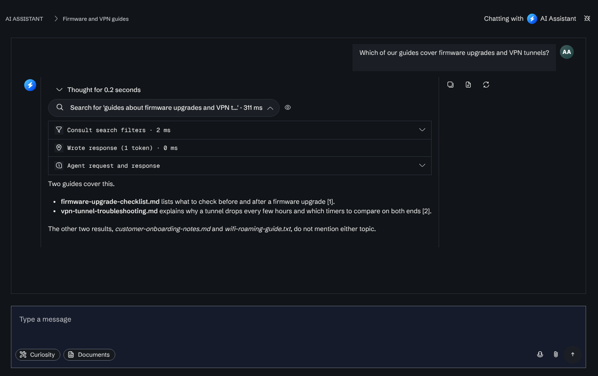 An assistant turn with the search tool call expanded, showing the nested Consult search filters step and the interpreter's request and response, above the written answer