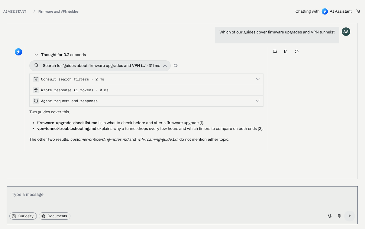 An assistant turn with the search tool call expanded, showing the nested Consult search filters step and the interpreter's request and response, above the written answer