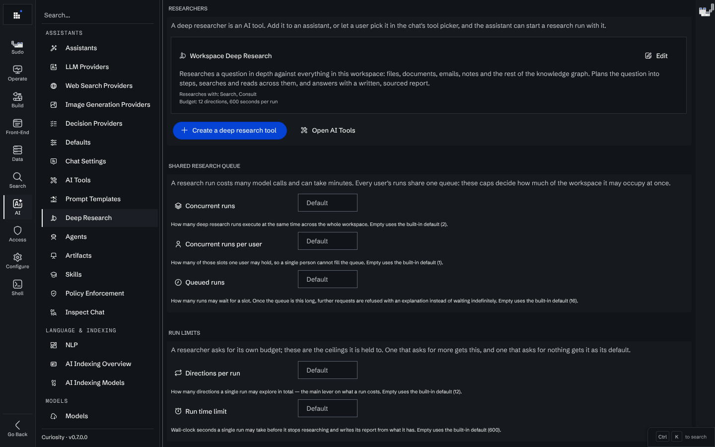 The Deep Research page showing the Workspace Deep Research researcher with its tools and budget, followed by the shared research queue and run limit fields