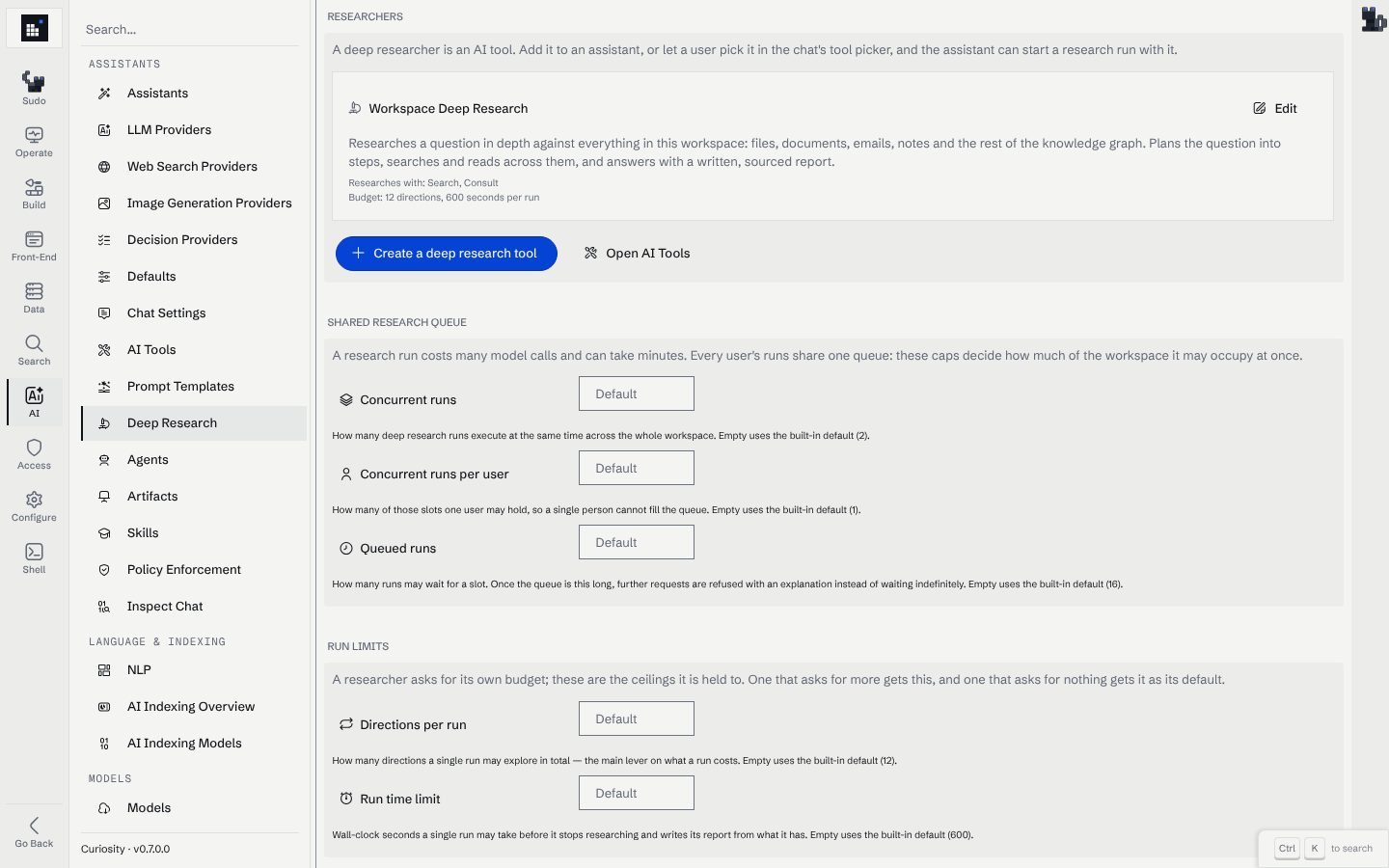 The Deep Research page showing the Workspace Deep Research researcher with its tools and budget, followed by the shared research queue and run limit fields