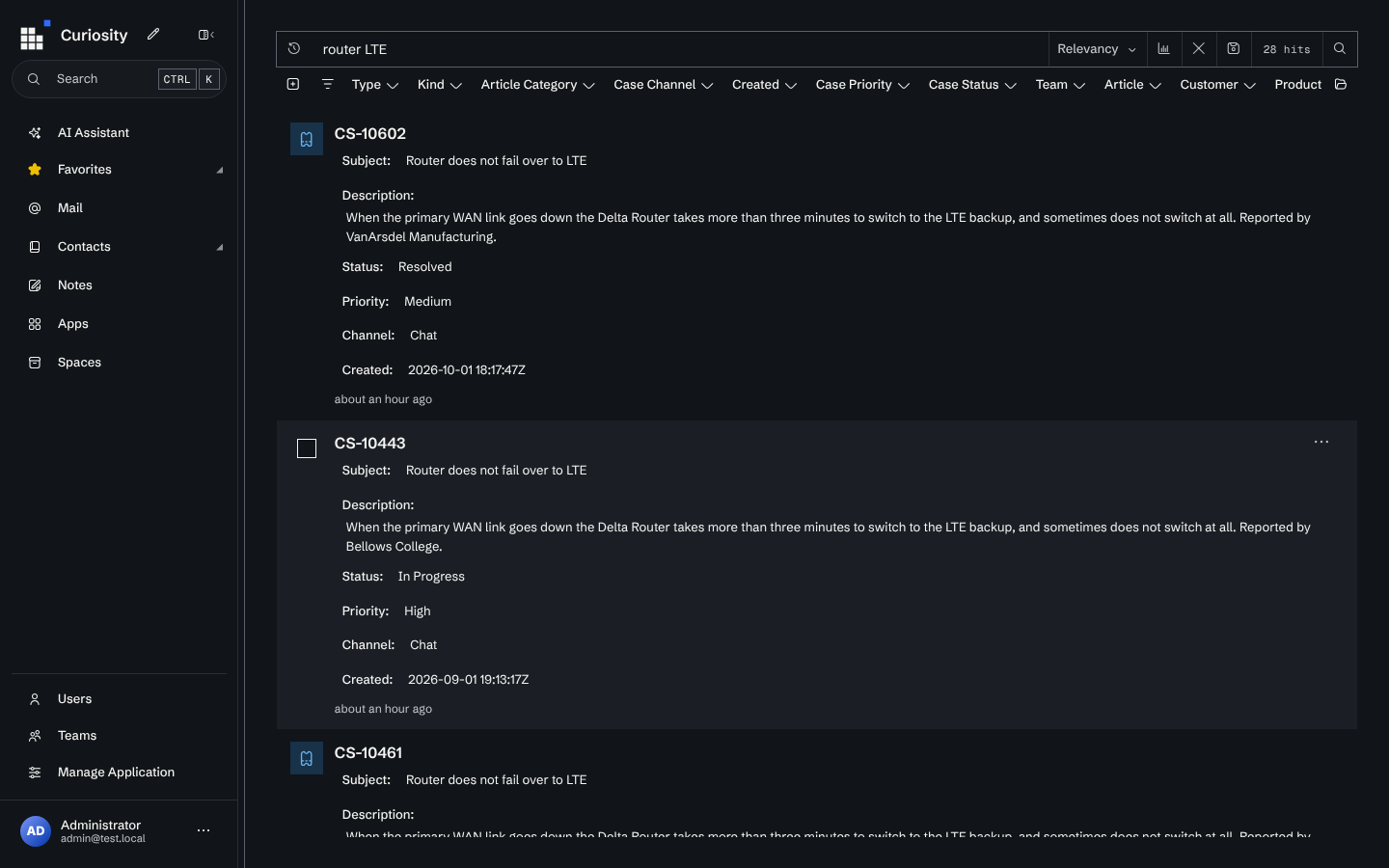 The Search results for the query router LTE: 28 hits shown as case cards with their subject, description, status and priority, and filter facets such as Type, Case Status and Customer above them