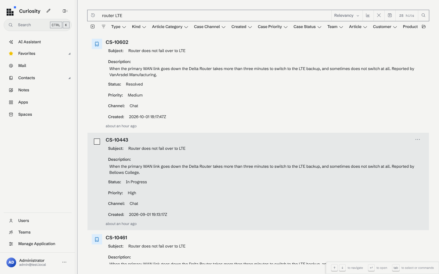 The Search results for the query router LTE: 28 hits shown as case cards with their subject, description, status and priority, and filter facets such as Type, Case Status and Customer above them
