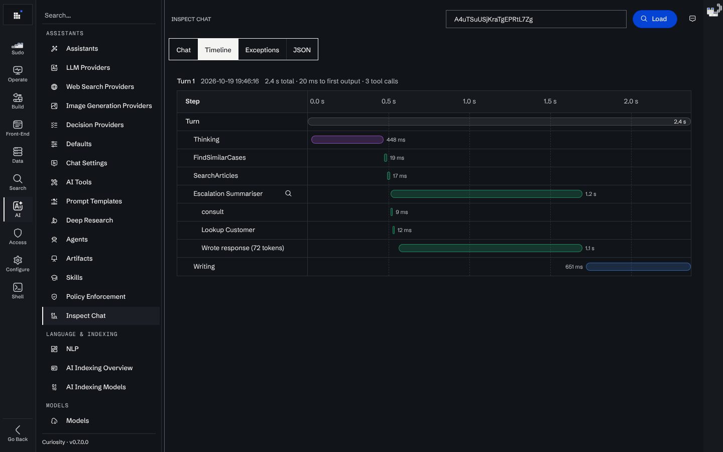 The Timeline tab of Inspect Chat: a turn with thinking, two tool calls, a sub-agent run with its own nested calls, and the written answer, each drawn as a bar