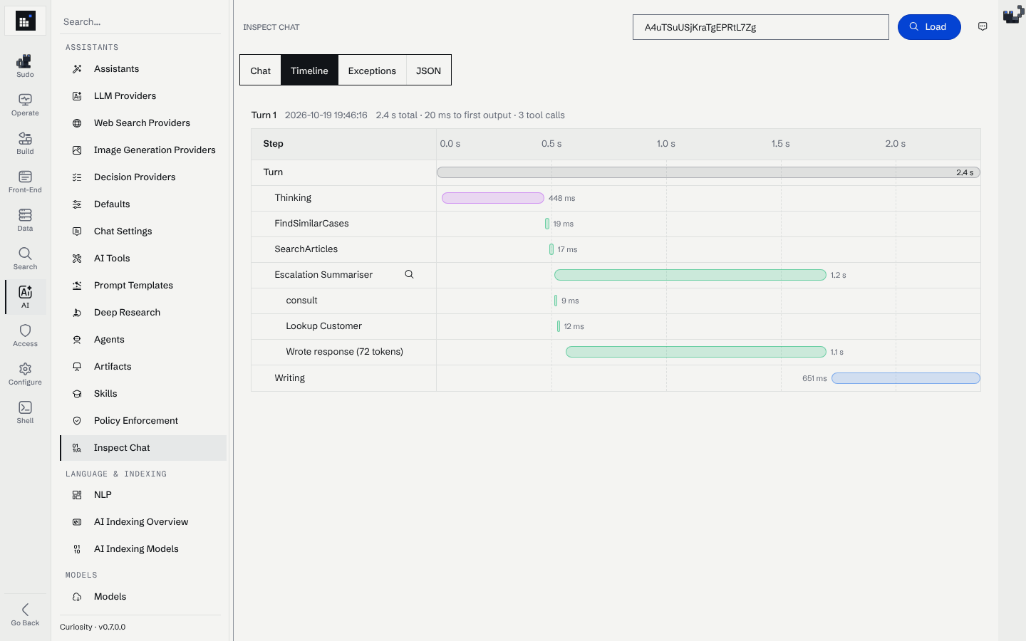 The Timeline tab of Inspect Chat: a turn with thinking, two tool calls, a sub-agent run with its own nested calls, and the written answer, each drawn as a bar