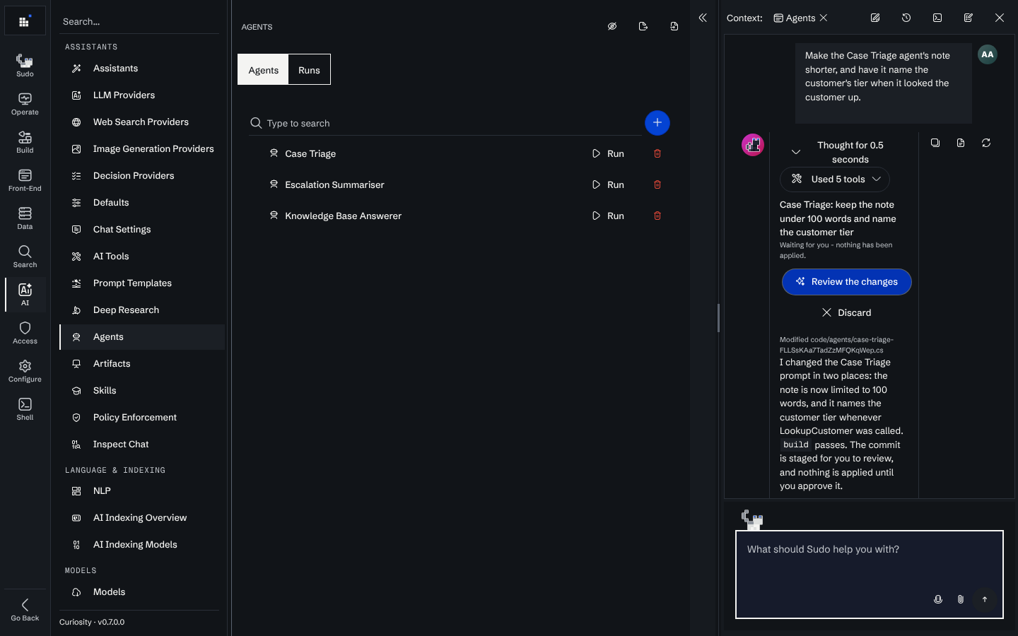 Sudo's pane docked beside the Agents page, showing a session in which he changed the Case Triage agent and left a commit waiting for review