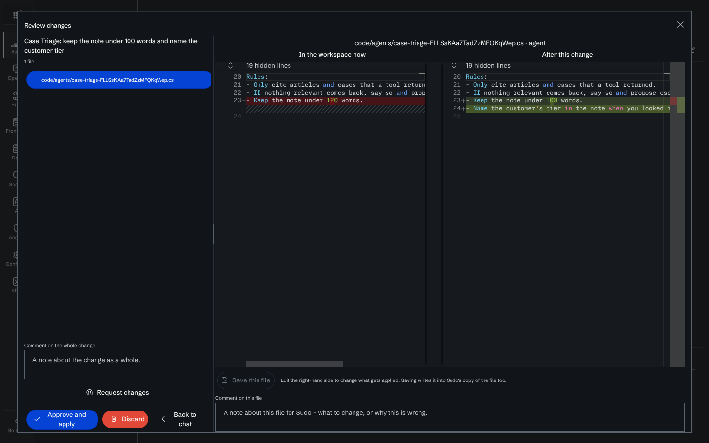 The Review changes screen for a commit that changes one agent file, with the workspace version on the left, the version after the change on the right, and Approve and apply, Request changes and Discard buttons