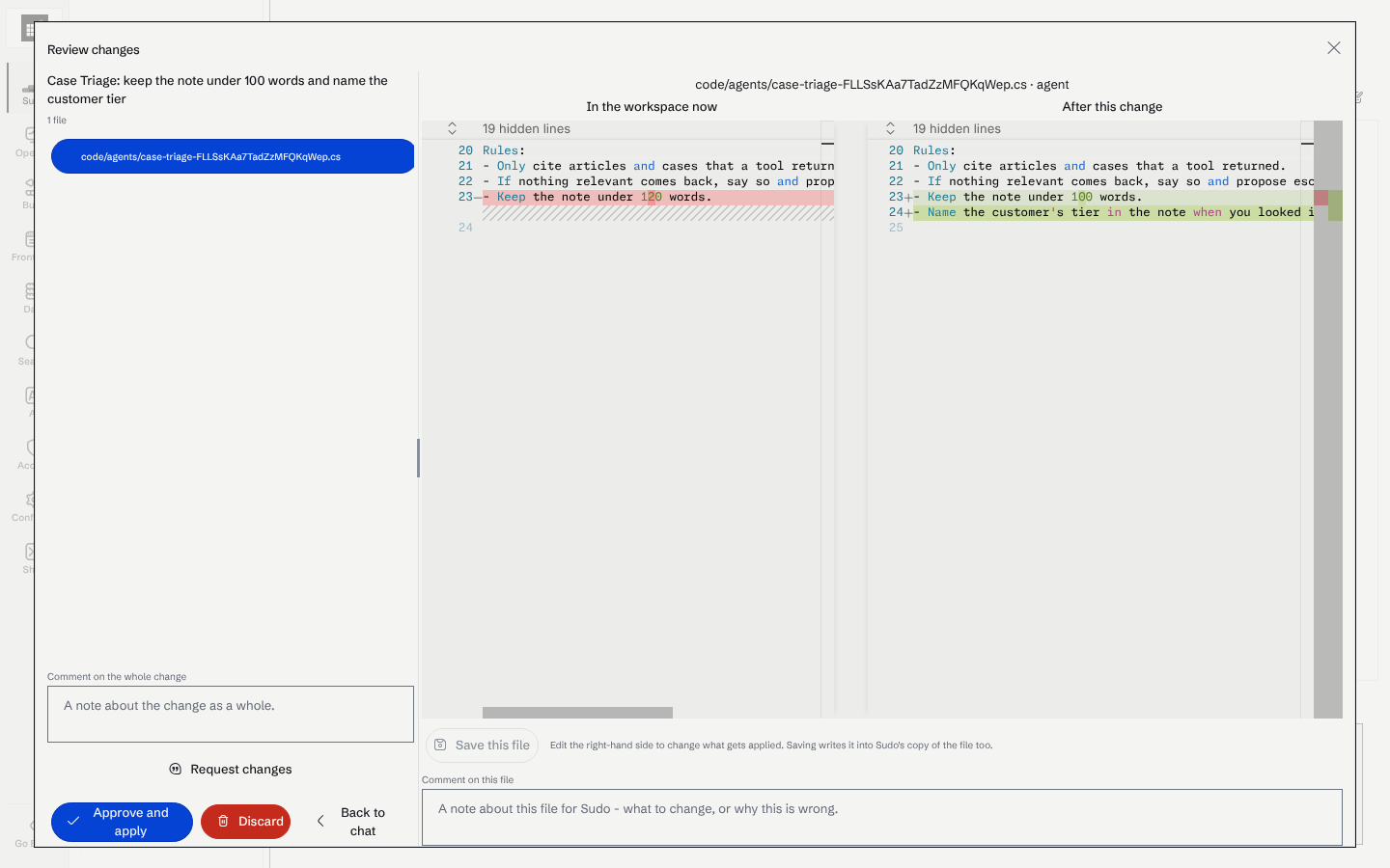The Review changes screen for a commit that changes one agent file, with the workspace version on the left, the version after the change on the right, and Approve and apply, Request changes and Discard buttons