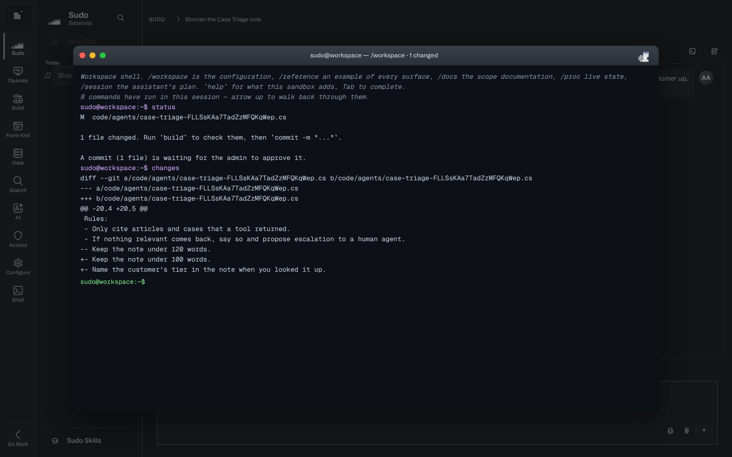 The terminal window of a Sudo session after running status and changes, listing one modified agent file and its unified diff