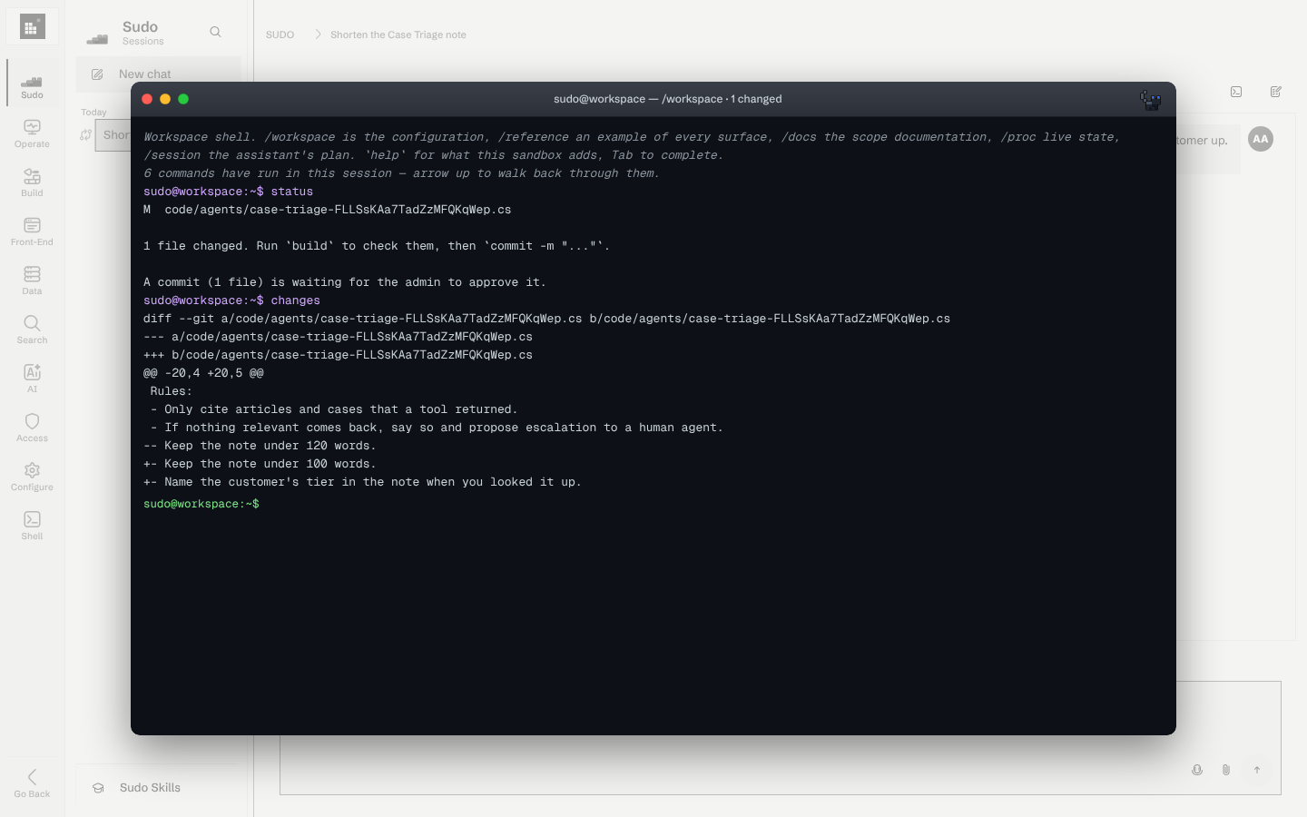 The terminal window of a Sudo session after running status and changes, listing one modified agent file and its unified diff