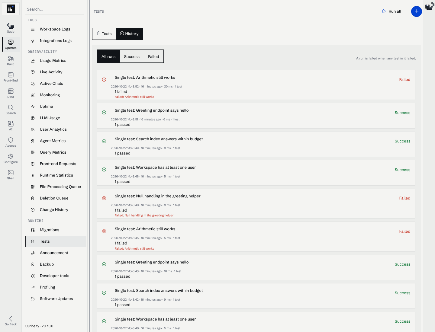 The History tab, listing past runs with their counts