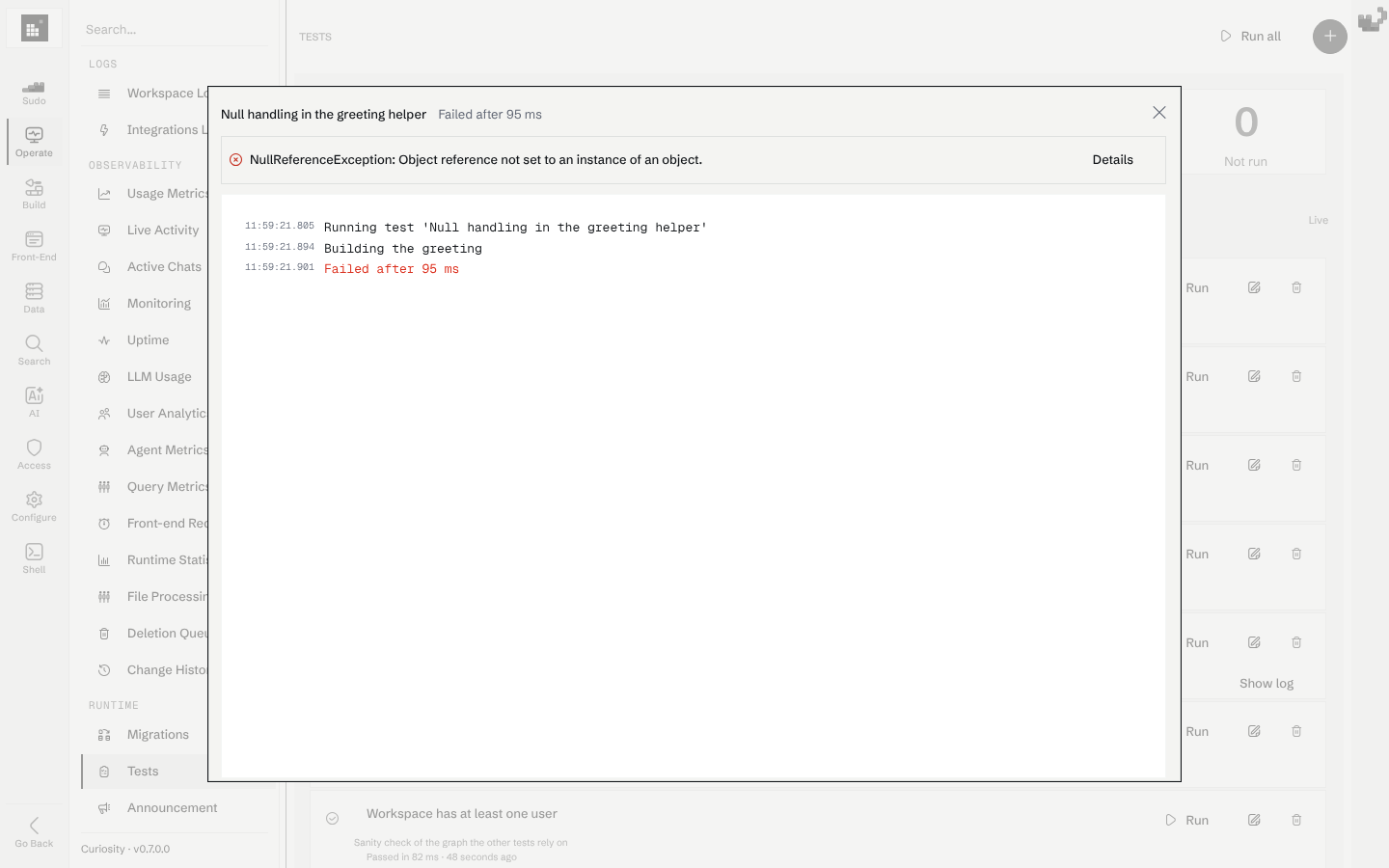 The log of a failed test, with the NullReferenceException above it