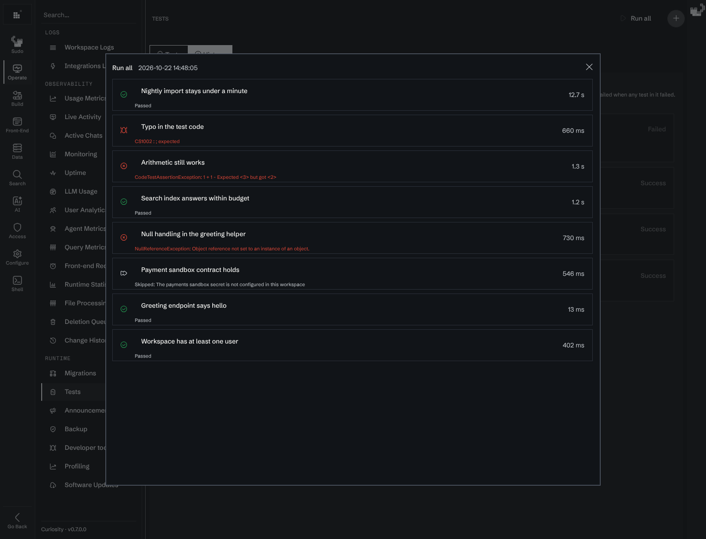 The report of a run, with a passed, a failed, a skipped and a test that did not compile