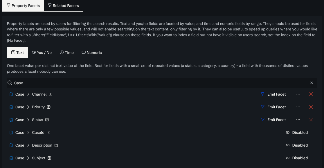 The Property Facets page filtered to Case, showing Channel, Priority and Status with Emit Facet enabled.