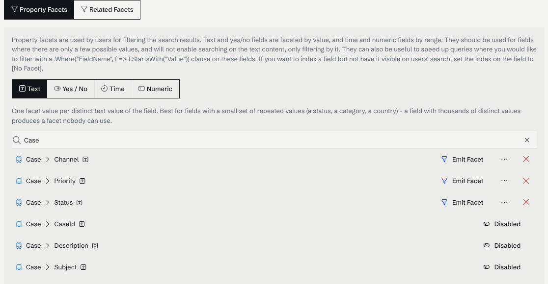 The Property Facets page filtered to Case, showing Channel, Priority and Status with Emit Facet enabled.