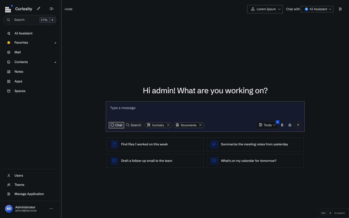 Curiosity Studio home page: the sidebar with Search, AI Assistant and Spaces, and the chat composer.