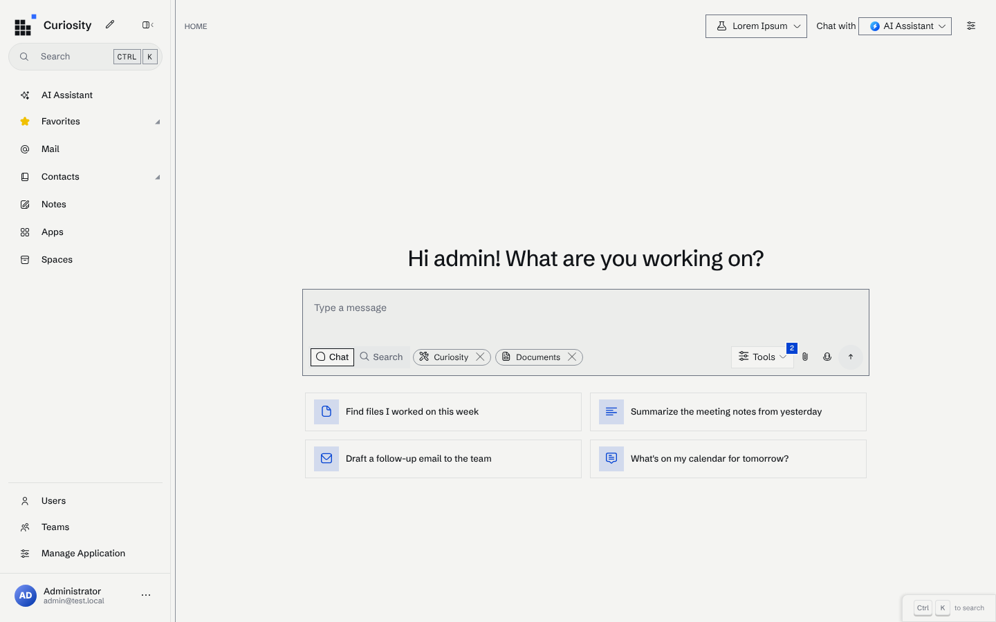 Curiosity Studio home page: the sidebar with Search, AI Assistant and Spaces, and the chat composer.
