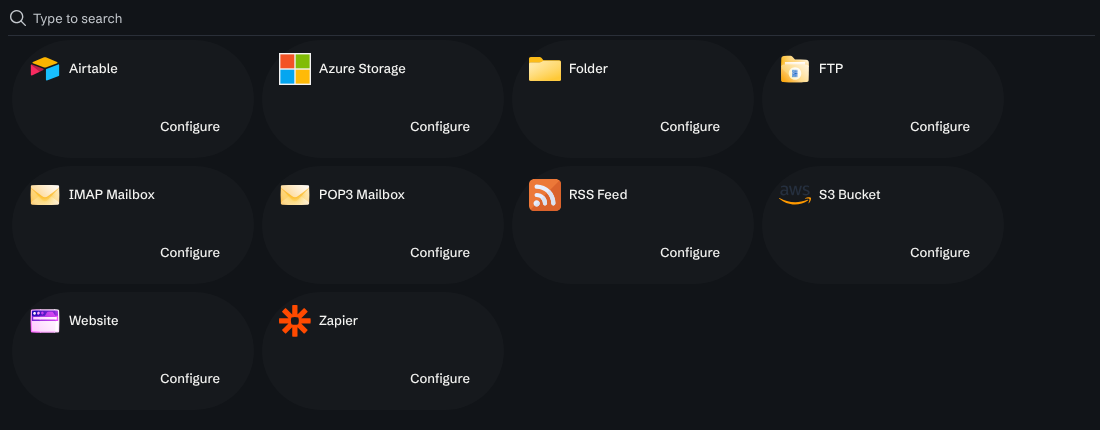 The Integrations page under Configure, listing the available integrations, each with a Configure button.