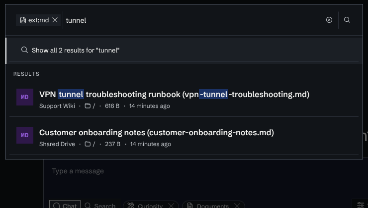 The search box with an ext:md chip and the text "tunnel" typed, listing two Markdown files in the quick results.