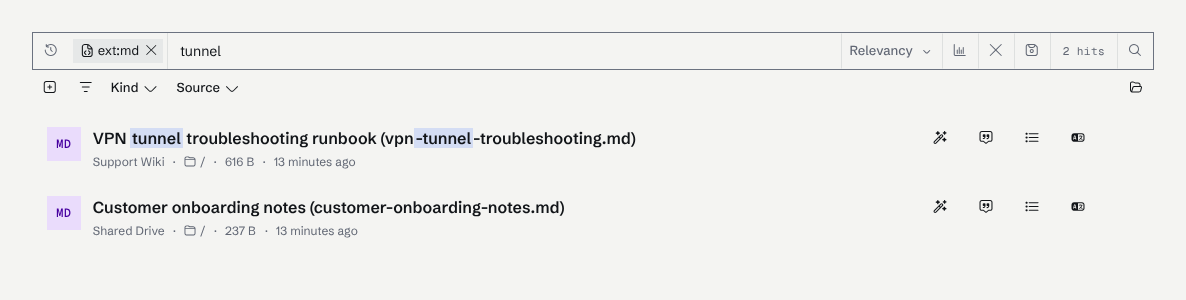 The search results page for "tunnel" with the ext:md chip applied: two hits, both Markdown files.