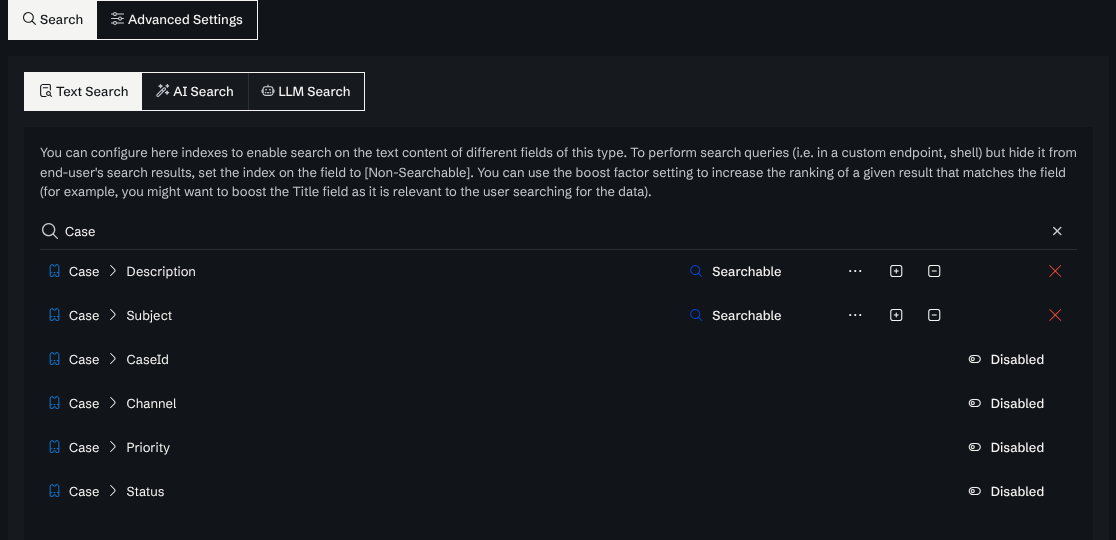 The Text Search tab of Search settings, filtered to Case: Description and Subject are Searchable, with the + and − boost buttons and the advanced settings button beside each; the other Case fields are Disabled.