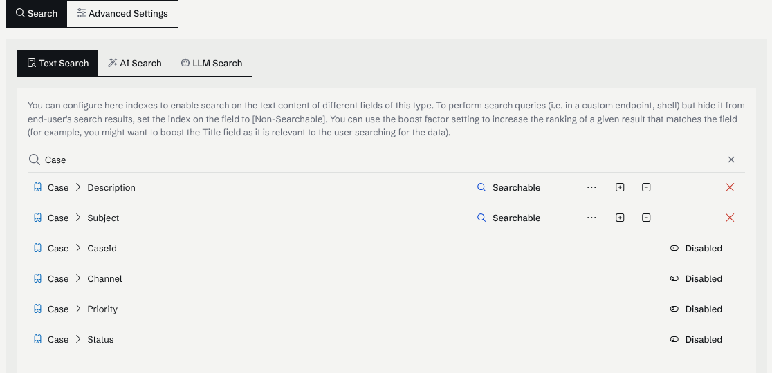 The Text Search tab of Search settings, filtered to Case: Description and Subject are Searchable, with the + and − boost buttons and the advanced settings button beside each; the other Case fields are Disabled.