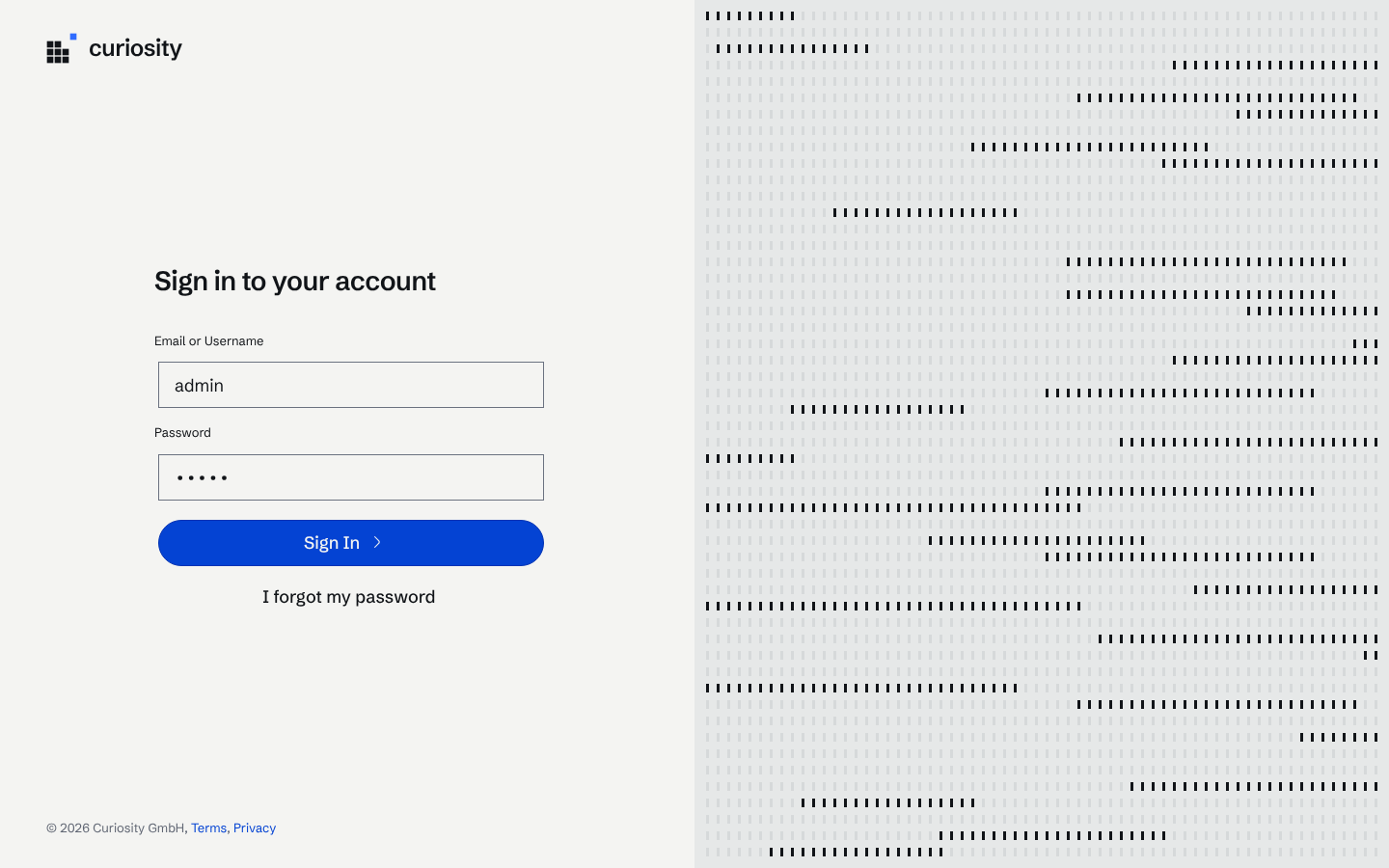 The Curiosity Studio sign-in form with the user name admin entered and the password hidden.