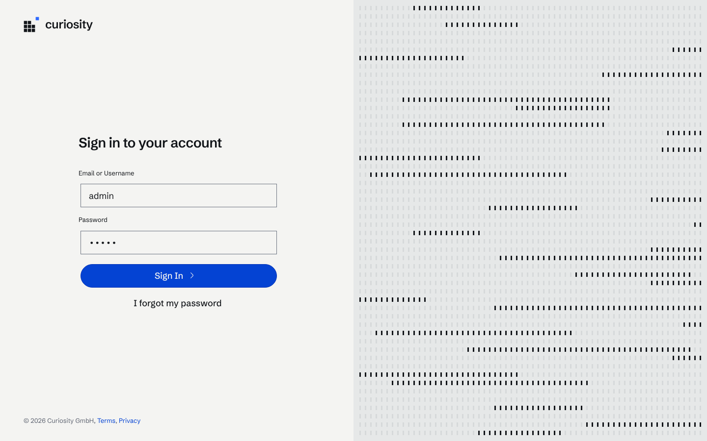 The Curiosity Studio sign-in form with the user name admin entered and the password hidden.