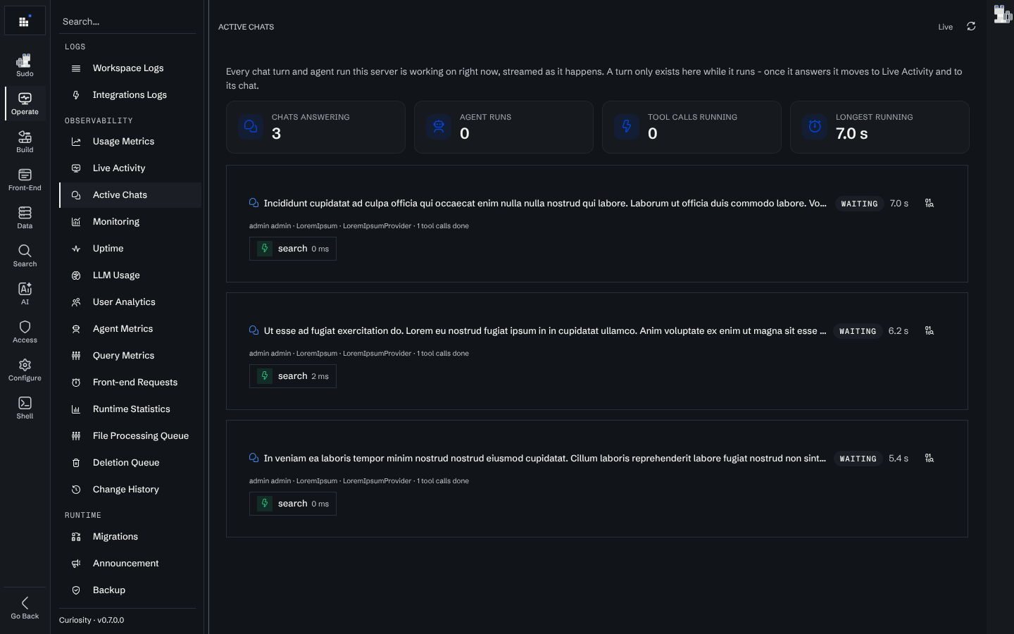 Active Chats with three chat turns waiting on a tool call, each card showing its stage, elapsed time and finished tool calls
