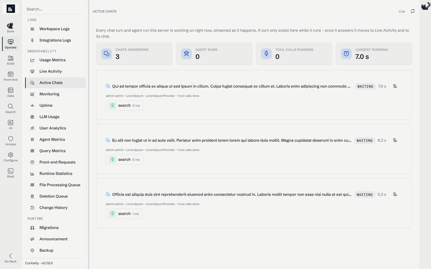 Active Chats with three chat turns waiting on a tool call, each card showing its stage, elapsed time and finished tool calls