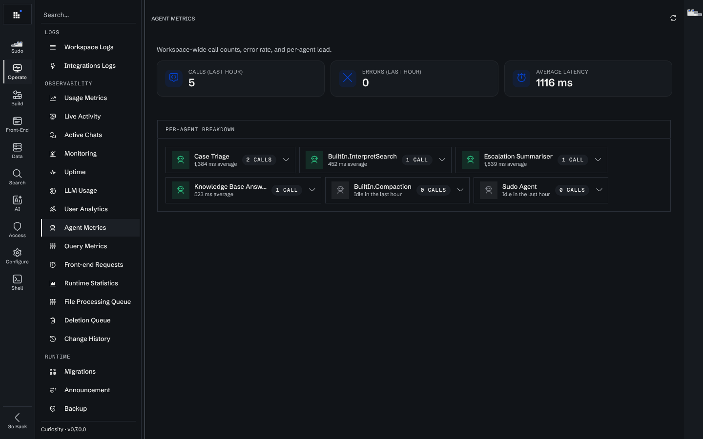 Agent Metrics with the last-hour rollup and one card per agent